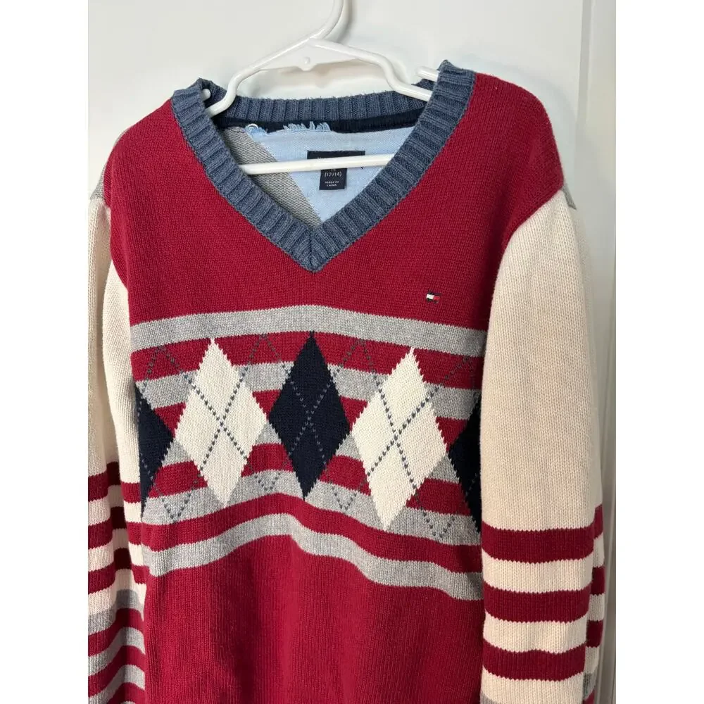 Tommy Hilfiger Boys V-Neck Argyle Sweater Red Gray White Cotton Size M 12/14